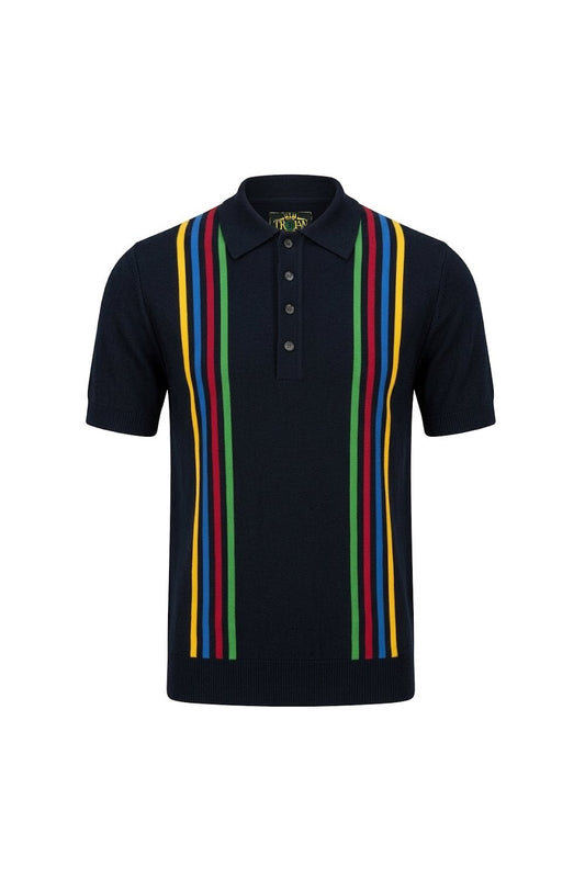 Trojan Records Men's TR9062 Multi-Stripe Fine Gauge Polo Shirt Navy Blue
