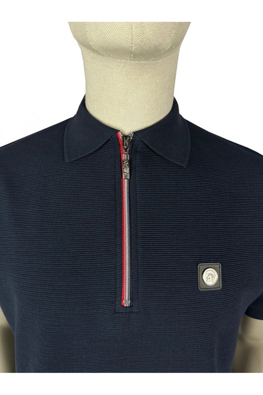 Trojan Records Men's TR8985 Ottoman Rib Chrome-effect Zip Polo Shirt Navy Blue