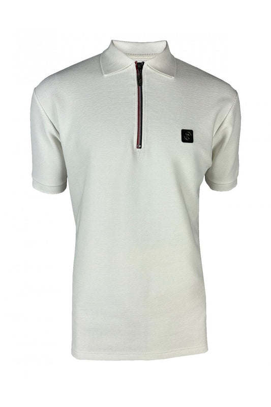 Trojan Records Men's TR8985 Ottoman Rib Chrome-effect Zip Polo Shirt Ecru