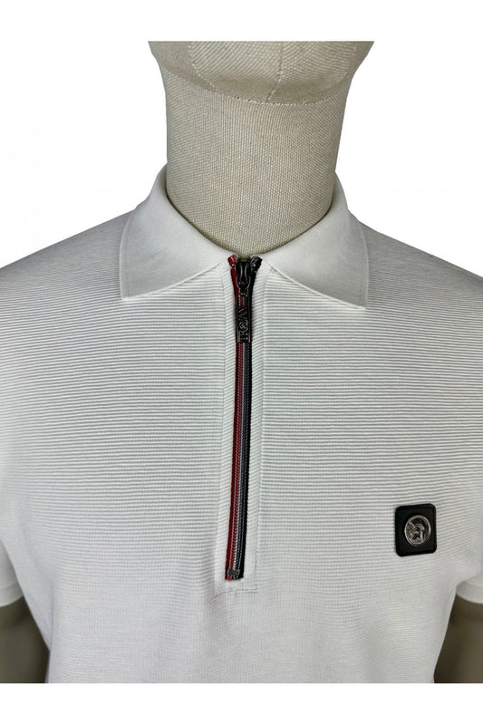 Trojan Records Men's TR8985 Ottoman Rib Chrome-effect Zip Polo Shirt Ecru