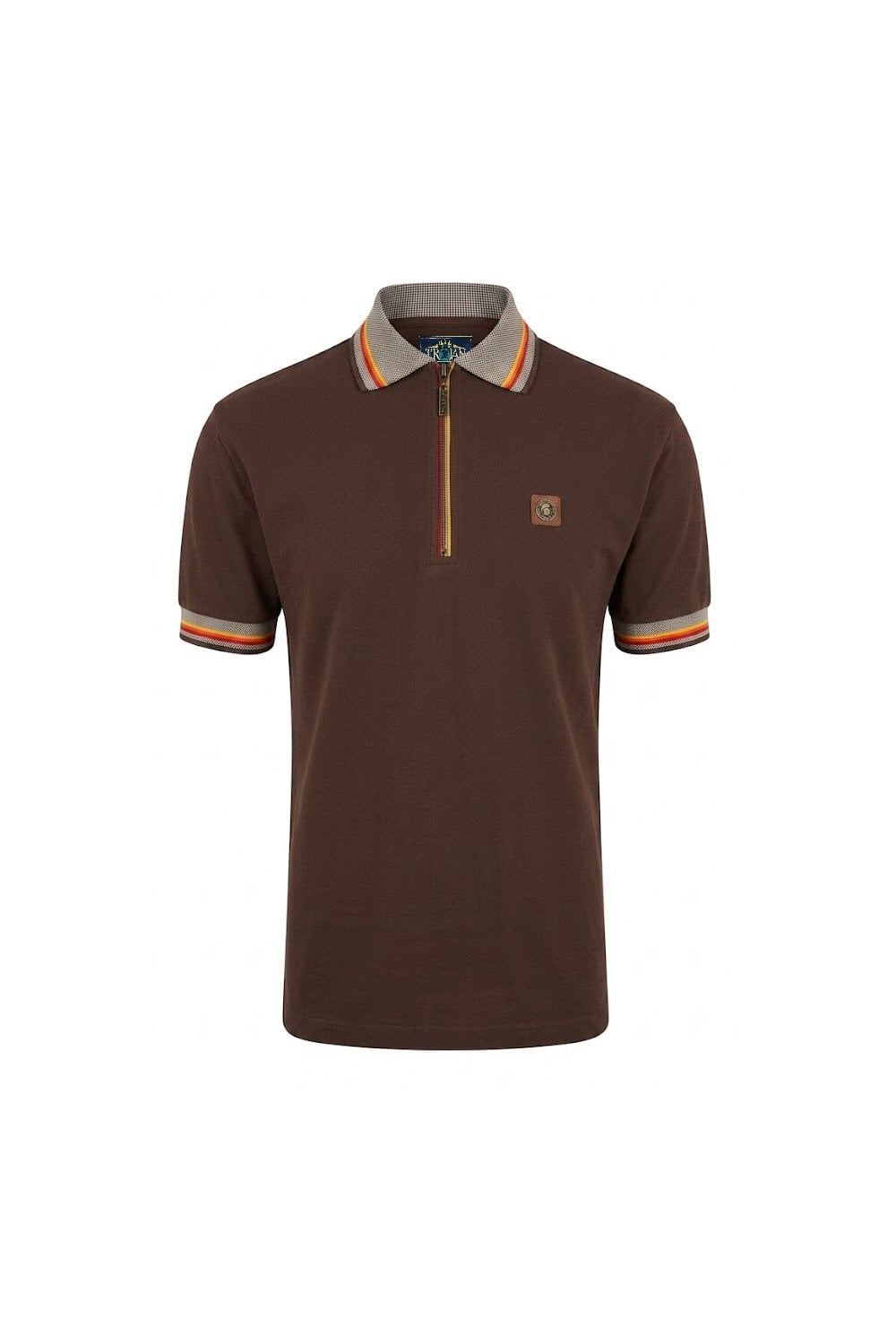 Trojan Records Men's TR9132 Oxford Collar Zip Pique Polo Chocolate Brown
