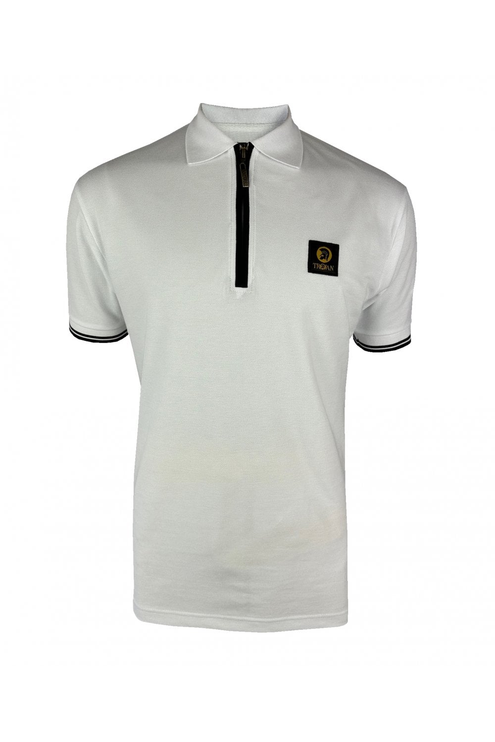 Trojan Records Men's TR8938 SS Plain Zip Polo Shirt White