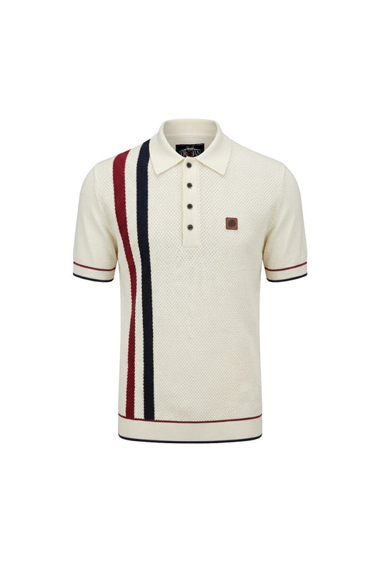 Trojan Records Men's TR9063/TR9013 Racing Stripe Fine Gauge Polo Shirt Ecru