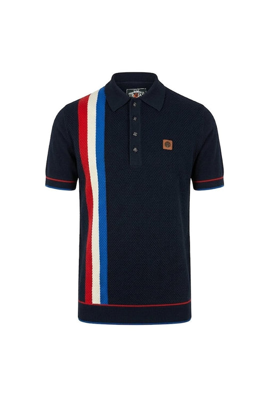 Trojan Records Men's TR9063/TR9013 Racing Stripe Fine Gauge Polo Shirt Navy Blue
