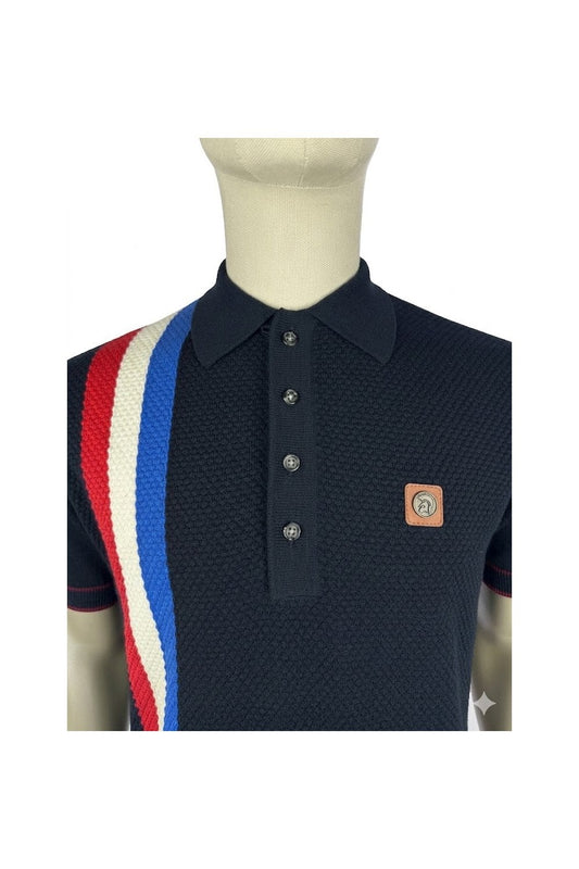 Trojan Records Men's TR9063/TR9013 Racing Stripe Fine Gauge Polo Shirt Navy Blue