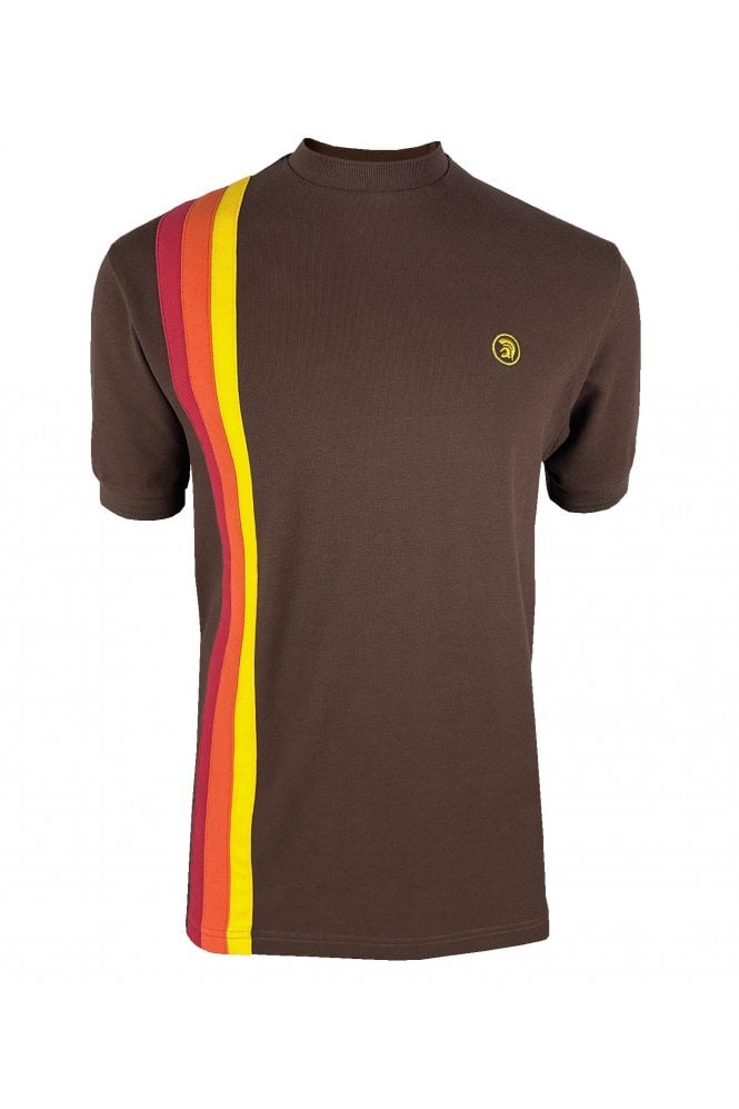 Trojan Records Men's TR8943 SS Racing Stripe T Shirt Chocolate Brown