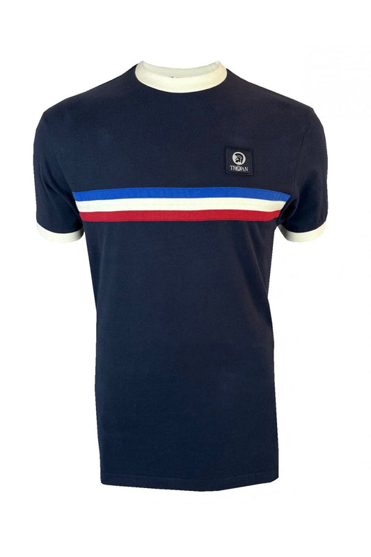 Trojan Records Men's TR9085 Stripe Front Tee Shirt Navy Blue