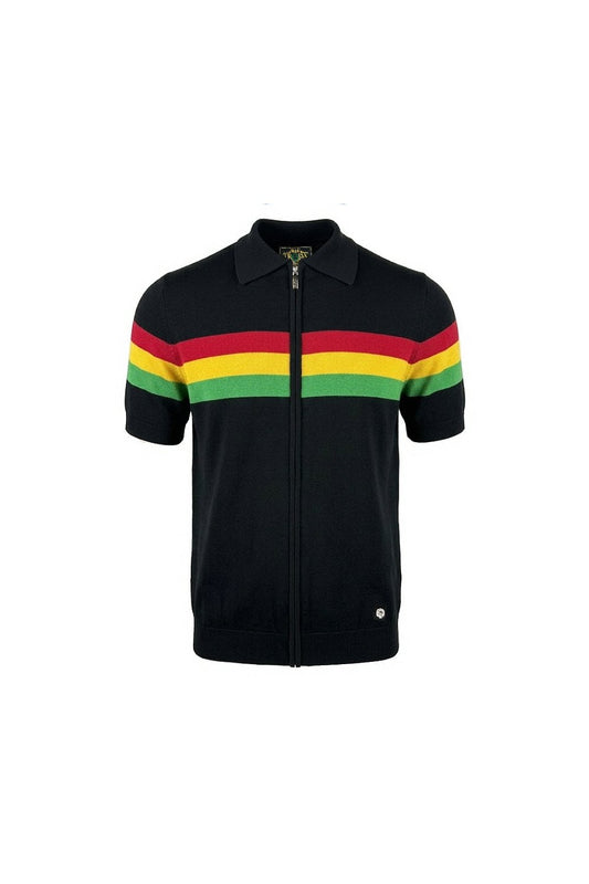Trojan Records Men's TR9065 Zip Stripe Polo Shirt Top Black
