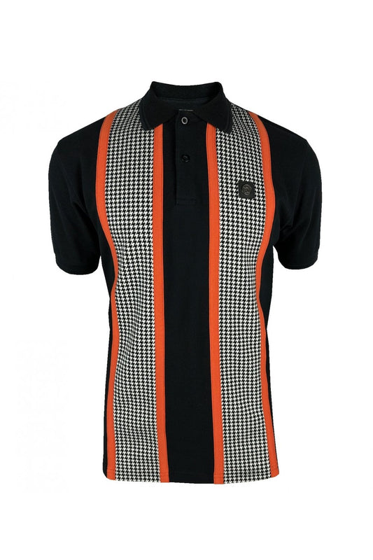 Trojan Records Men's TR8876 SS Taped Houndstooth Panel Polo Shirt Black