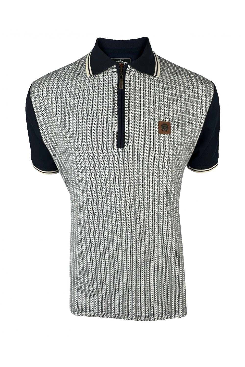 Trojan Records Men's TR8973 Textured Houndstooth Panel Polo Shirt Navy Blue