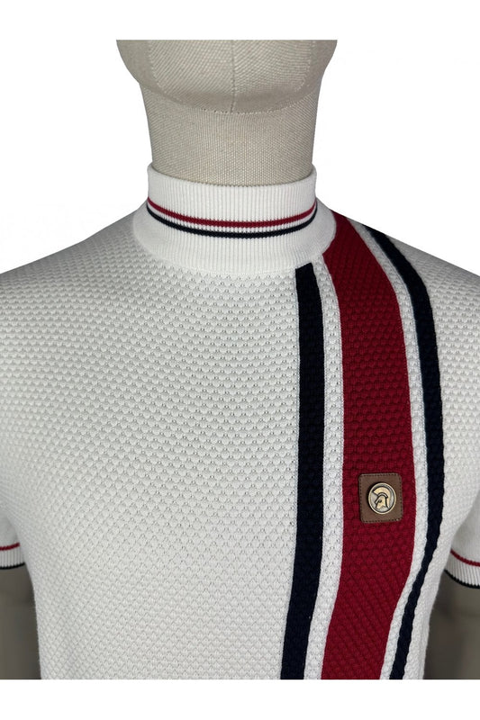 Trojan Records Men's TR8968 Textured Stripe Fine Gauge Turtle T Shirt Ecru