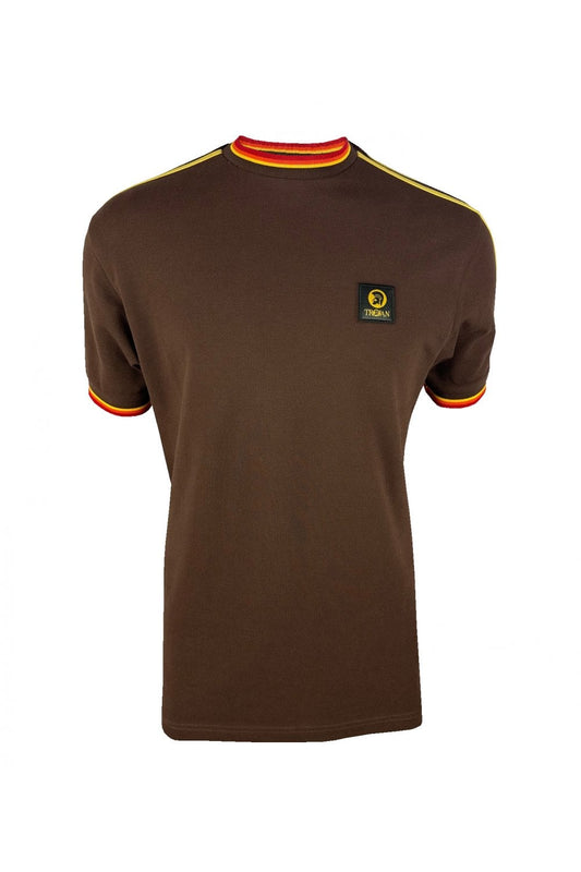 Trojan Records Men's TC1042 Three Colour Tipped Pique T Shirt Chocolate Brown