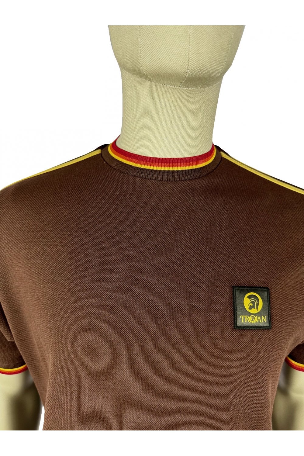 Trojan Records Men's TC1042 Three Colour Tipped Pique T Shirt Chocolate Brown