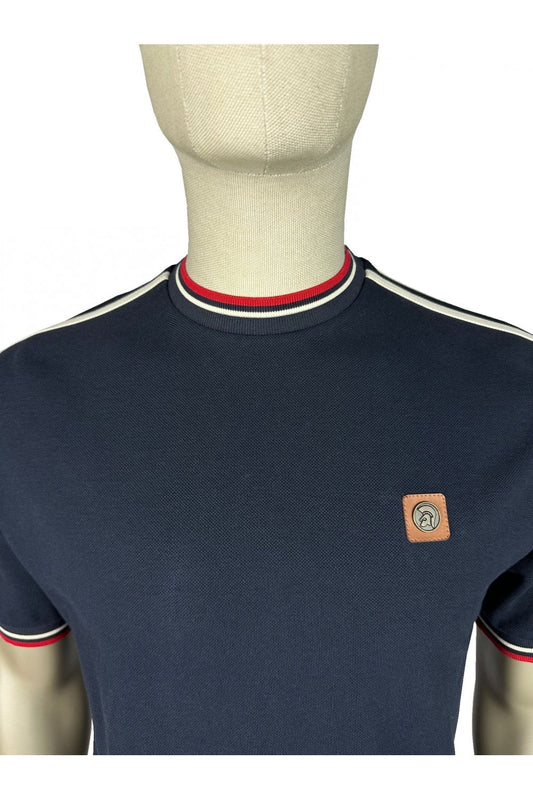 Trojan Records Men's TC1042 Three Colour Tipped Pique T Shirt Navy Blue