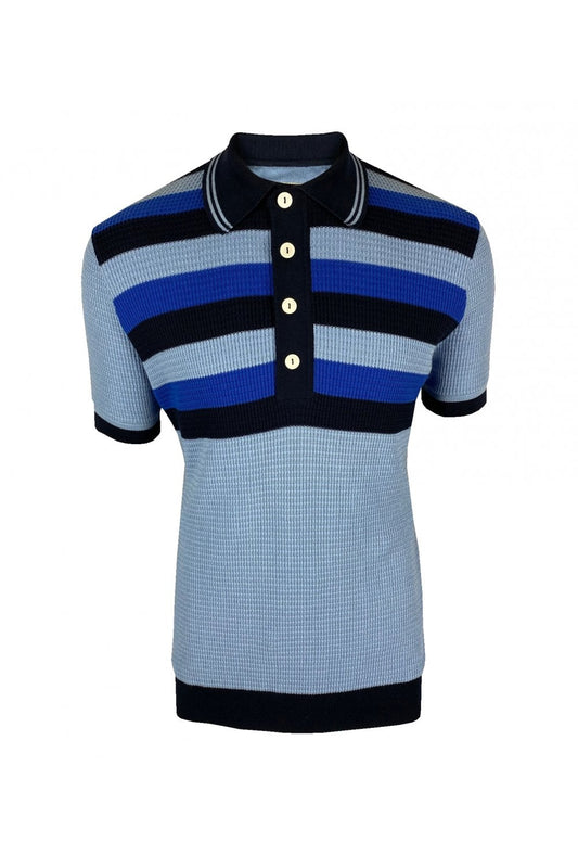 Ska & Soul Men's SS2502 Border Stripe Fine Gauge Waffle Polo Shirt Sky Blue