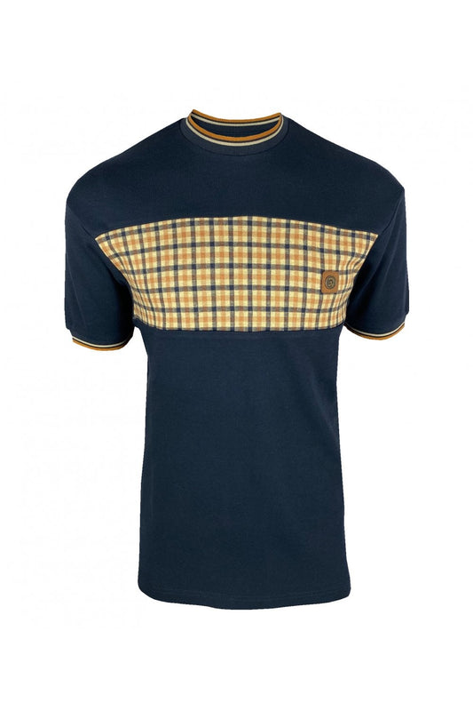 Trojan Records Men's TR8783 Gingham Panel Tee Shirt Navy Blue